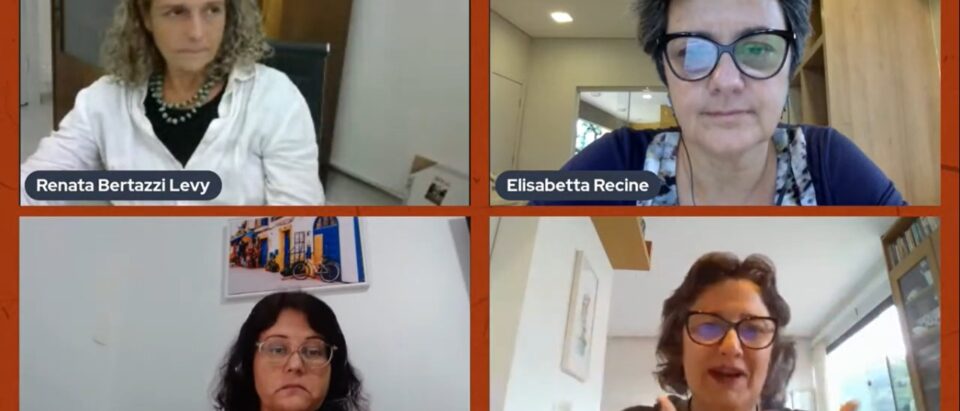Imagem de videoconferência com Renata Levy, Elisabetta Recine, Rosana Salles Costa e Inês Rugani