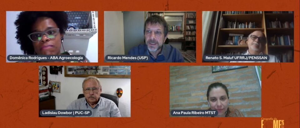 Imagem de videoconferência com Domênica Rodrigues, Ricardo Antas Jr, Renato Maluf, Ladislau Dowbor e Ana Paula Ribeiro